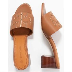 Tory Burch Ines Mid Heel Cognac Leather Mule Heel Sandals size 8